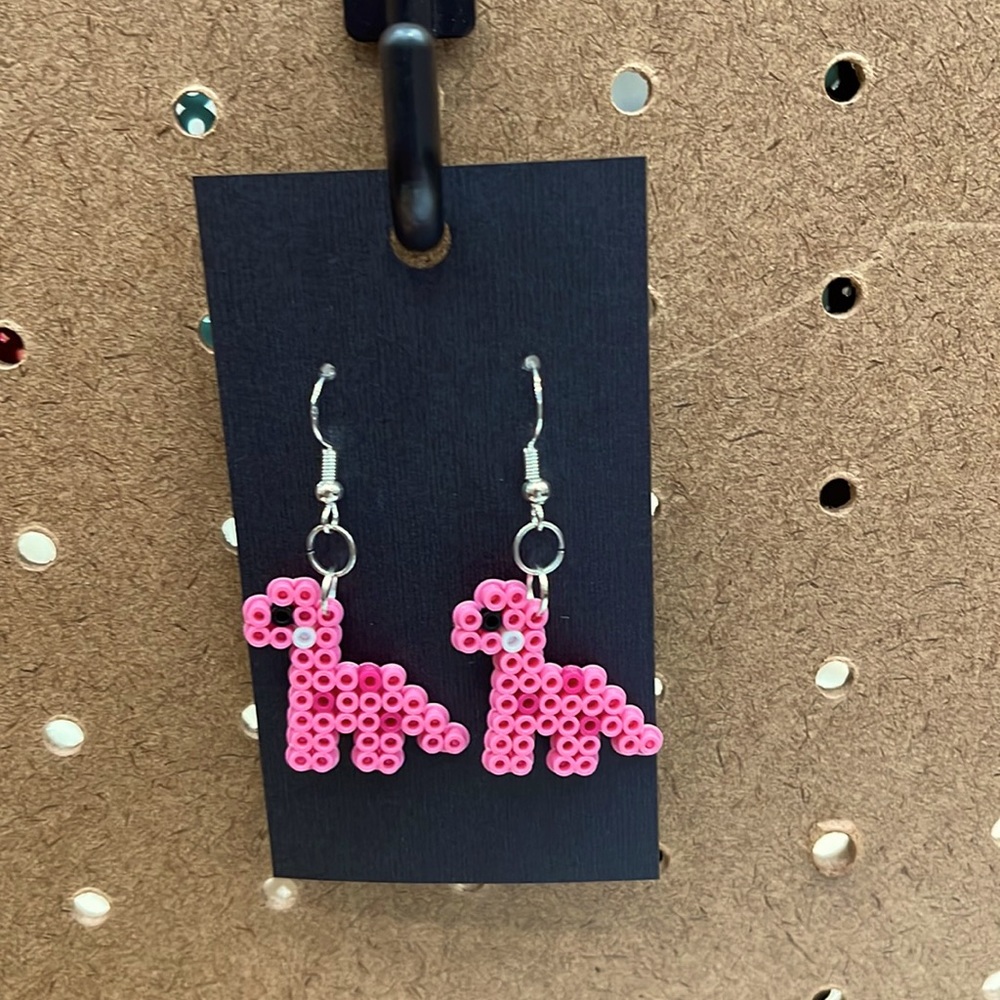 Pink Dinosaur perler bead earrings